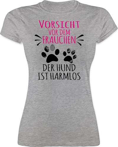 Shirt Damen - Geschenk für Hundebesitzer - Vorsicht vor dem Frauchen - Pfotenabdrücke - schwarz - M - Grau meliert - Dog mom hundeshirts hundefan hundepfoten Tshirt hundeshirt Hundefans von Shirtracer