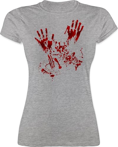 Shirt Damen - Halloween - Blutige Hände Blutspritzer Rotes Blut Blutiger Handabdruck - S - Grau meliert - halloweenshirt Haloween Party blutig Tshirt Halloween+t-Shirt Woman halowen blutiges von Shirtracer