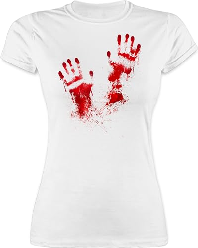 Shirt Damen - Halloween - Blutige Handabdrücke Gruselig Blut Handabdruck - XXL - Weiß - hallooween Tshirt Helloween Party t schaurig schönes Frauen kostüm Outfit Alles für Outfits verkleidung von Shirtracer