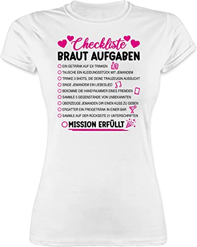 Shirt Damen - JGA Junggesellenabschied Frauen - Braut Aufgaben I Mutprobe Checkliste - L - Weiß - t-Shirt t-Shirts junggesellinnenabschied Bachelorette Party aufgabe Frau Tshirt von Shirtracer