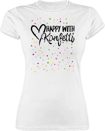 Shirt Damen - Karneval & Fasching - Happy with Konfetti I Konfetti Liebe - M - Weiß - Motto Tshirt mädels Faschings-t-Shirt Faschings Spruch t-Shirt mottoshirts Karnevals t- Shirts fassenacht von Shirtracer