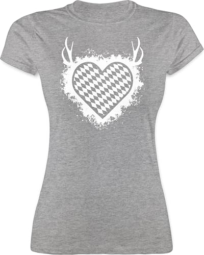 Shirt Damen - Kompatibel Oktoberfest - Herz mit Bayrischem Muster - XXL - Grau meliert - trachtenshirt Trachten t Shirts bayrische geweih t-Shirt Tshirt trachtenoberteile Frauen bayrisch Bavarian von Shirtracer