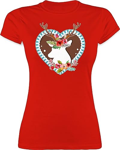 Shirt Damen - Kompatibel mit - Hirsch Hirschgeweih Oktoberfest - XXL - Rot - Trachten Tshirt Tracht Oktober Shirts Frauen REH trachtentshirts bayrisches Frau t-Shirt t trachtentshirt von Shirtracer