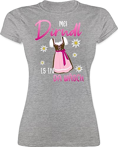 Shirt Damen - Kompatibel mit Oktoberfest - MEI Dirndl is in da Wäsch - XL - Grau meliert - grod dreckad Tshirt mädchen Trachten Oberteil bayrisches Outfit Bavarian trachtenshirt Tshirts Frauen von Shirtracer