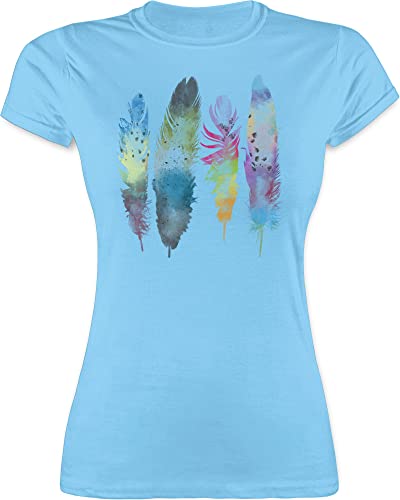 Shirt Damen - Kunst - Federn Wasserfarbe Watercolor Feathers - L - Hellblau - Frauen Tshirt Hippie tailliertes t-Shirt t Shirts Tshirts Funshirt t-Shirts MADL Women Girlie Funshirts für von Shirtracer