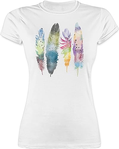 Shirt Damen - Kunst - Federn Wasserfarbe Watercolor Feathers - XL - Weiß - Feder-Print-Shirt Art Feder Tshirt Hippie Outfit Feather t-Shirt mit Motiven Funshirts für Frauen Wasserfarben Oberteil von Shirtracer