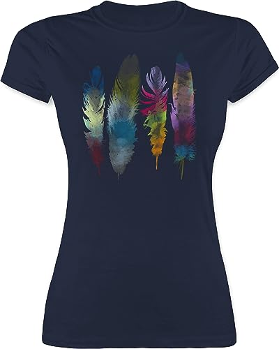 Shirt Damen - Kunst - Federn Wasserfarbe Watercolor Feathers - M - Navy Blau - MADL Tshirt Hippie t-Shirt Funshirts für Frauen t-Shirts Tshirts tailliert Shirts Funshirt t tailliertes Girlie Women von Shirtracer