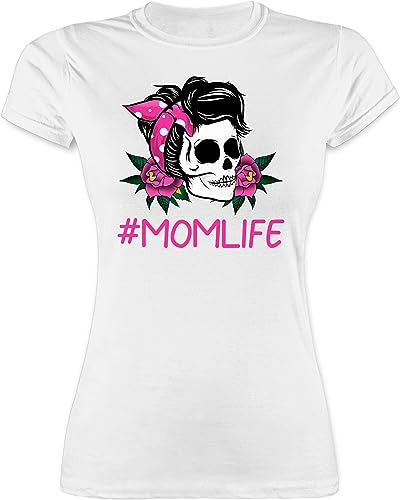 Shirt Damen - Mama - Momlife Rockabilly Totenkopf - XL - Weiß - Tag Shirts 2024 t schöne Geschenke für Tshirt Oberteile Oberteil t-Shirt muttertagsgeschenke von Kindern mom Mommy Skull tailliert von Shirtracer