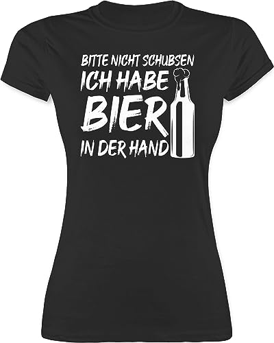 Shirt Damen - Party & Alkohol - Bitte Nicht schubsen ich Habe Bier in der Hand - XXL - Schwarz - Tshirt mit trinksprüchen Frauen Partyshirt Sauf säufer t-Shirts sprüche lustiges trinkshirt Alki von Shirtracer