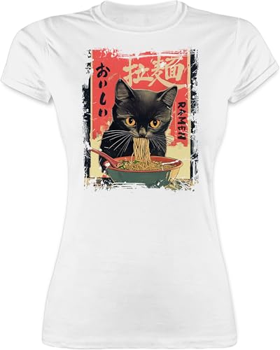 Shirt Damen - Ramen Nudeln Katze Japan Anime Geschenke Katze I Manga Geschenk Kawaii Geschenk Cute Stuff Y2K I Japanese I Cat - M - Weiß - Geschenk+Anime Eating von Shirtracer