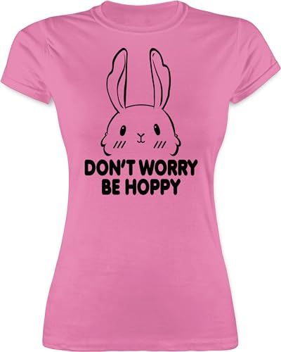 Shirt Damen - Sprüche Statement - Don't Worry be Hoppy - schwarz - L - Rosa - Funshirts mit Aufschrift hase Shirts Statements-Shirts Statements Hasen Tshirt Damen-Statement-t-Shirt sprüchen￼ von Shirtracer