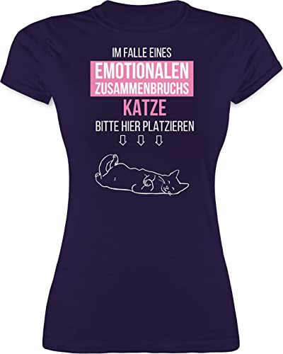 Shirt Damen - Sprüche Statement - Im Falle eines emotionalen Zusammenbruchs Katze Hier platzieren - L - Lila - Katzen-t-Shirt Katzenliebhaber t-Shirts Frauen Tshirt Katzen t-Shirt mit Spruch von Shirtracer