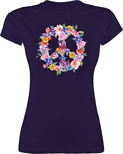 Shirt Damen - Sprüche Statement - Peace Zeichen mit bunten Blumen - XXL - Lila - Tshirt Hippie Shirts 70er t-Shirt Buntem Print Peace-Zeichen Funshirts für Frauen Flower 60er Jahre Funshirt Power von Shirtracer