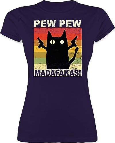 Shirt Damen - Sprüche Statement - Pew Pew Madafakas - L - Lila - t Shirts Frauen Katzenliebhaber Tshirts Katzenbesitzer t-Shirts pewpewpew Frau Tshirt katzenmotiv Oberteil Festival Oberteile von Shirtracer