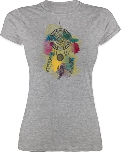 Shirt Damen - Sprüche Statement - Traumfänger Wasserfarbe Dreamcatcher Watercolor - L - Grau meliert - indianische Tshirts Funshirts mit Aufschrift Feder Tshirt Statements-Shirts Statements Federn von Shirtracer