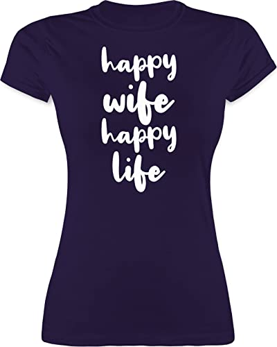 Shirt Damen - Sprüche Statement mit Spruch - Happy Wife Happy Life Big Lettering weiß - M - Lila - t lustig spruche t- Shirts t-Shirt sprüchen t-schirt auf Tshirts witzige t-Shirts von Shirtracer