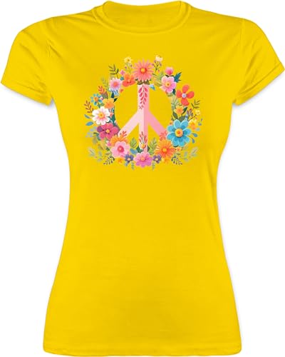 Shirt Damen - Statement - Peace Zeichen I Peacezeichen I Frieden I Hippie Flower Power I 60er I 70er Flowerpower - L - Gelb - Statements Tshirt sprüche t-Shirt t-Shirt, t-Shirts Shirts Oberteil von Shirtracer