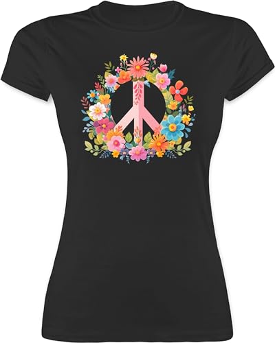 Shirt Damen - Statement - Peace-Zeichen Peacezeichen Frieden Hippie Flow Power 60er 70er Flowerpower - L - Schwarz - Statements Peace Flower Zeichen von Shirtracer