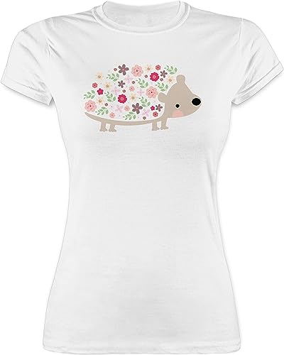Shirt Damen - Süßer Igel Frühlingstiere mit Blumen I - M - Weiß - Ostergeschenk Tier t-Shirt ostergeschenke Kita für Frau t Ostern Tiere Tshirt Ostern￼ t-schirt Hedgehog Shirts Kindergarten von Shirtracer