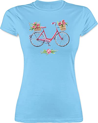 Shirt Damen - Retro - Vintage Fahrrad Wasserfarbe Blumen - S - Hellblau - Tshirt Frau mit Aufdruck Blume Tshirts für Frauen t leiberl t-Shirts t-schirts Shirts t-Shirt bedrucktes mädchen Kurzarm von Shirtracer