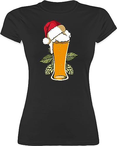 Shirt Damen - Weihnachten Geschenke Christmas Bekleidung - Bierglas mit Weihnachtsmütze - M - Schwarz - weinachs weihnachts-tshirt weihnachtlicher weihnachts gewand weinacht weihnachtst-shirt von Shirtracer