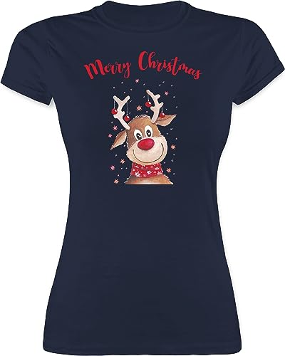 Shirt Damen - Weihnachten - Merry Christmas Rentier I Elch - L - Navy Blau - weihnachtsthirt weihnachtsmotiv Familie Tshirt weihnachtstshirt weihnacht Rentiere für Frauen weihnachtshirt Weihnachts von Shirtracer