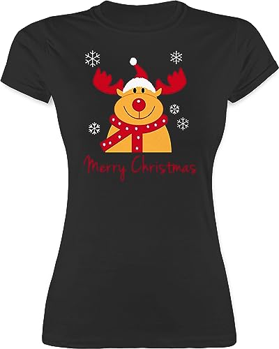 Shirt Damen - Weihnachten Geschenke Bekleidung - Merry Christmas Rentier - L - Schwarz - weihnachtlich t Weihnachts weihnachtliches Tshirt weihnqchts t-Shirt x-.Mas Outfit weinachst festliches von Shirtracer