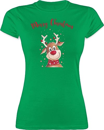 Shirt Damen - Weihnachten Geschenke Bekleidung - Merry Christmas Rentier - M - Grün - weihnachtliches t Frauen Weihnachts Tshirt weihnqchts t-Shirt x-.Mas Outfit weinachst festliches weihnachtst von Shirtracer