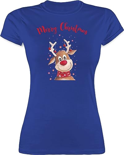 Shirt Damen - Weihnachten Geschenke Bekleidung - Merry Christmas Rentier - M - Royalblau - weihnachtlicher t Weihnachts-Tshirt weinacht Tshirt Weihnachts Gewand weihnachtliche t-Shirts von Shirtracer