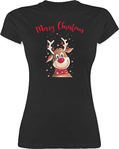 Shirt Damen - Weihnachten Geschenke Bekleidung - Merry Christmas Rentier - S - Schwarz - weihnachtsthirt weihnachtsmotiv Familie Tshirt weihnachtstshirt weihnacht t-Shirt weihnachtshirt Weihnachts von Shirtracer