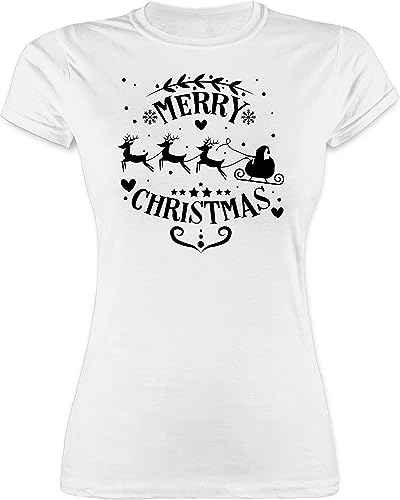 Shirt Damen - Weihnachten Geschenke Bekleidung - Merry Christmas Weihnachtsmann und Rentiere - M - Weiß - Weihnachts t-Shirt weihnachs Tshirt x-.Mas Outfit weinachst festliches weihnachtst Mode von Shirtracer