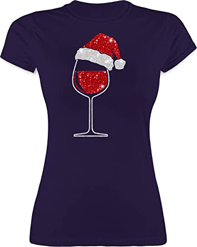 Shirt Damen - Weihnachten Geschenke Christmas Bekleidung - Weinglas mit Weihnachtsmütze - M - Lila - weihnachtsglas t schirts weihnachtsshirt Frauen Baumwolle Weihnachts Tshirt weihnachtsmotiven von Shirtracer