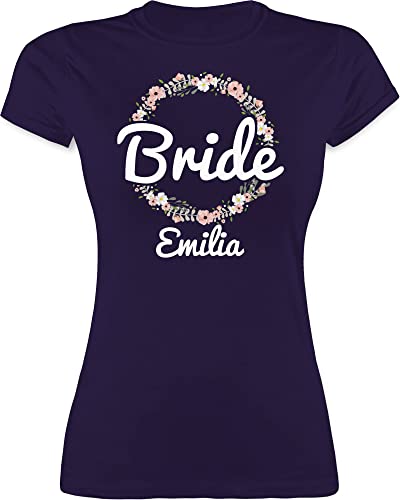 Shirt Damen personalisiert Namen - JGA Junggesellenabschied Frauen - Bride mit Blumenkranz Weiss - XL - Lila - Tshirt Bachelorette Polterabend t Shirts t-Shirt jungesellinnenabschied Oberteile von Shirtracer