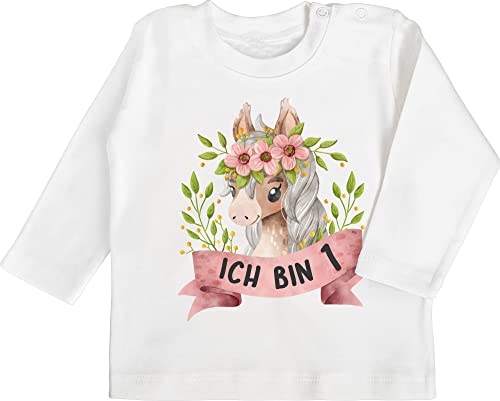 Baby Langarmshirt - 1. Geburtstag - Ich Bin eins mit süßem Pferd mit Blumen - 12/18 Monate - Weiß - Happy Birthday 1 1jahrige Jahr zum ersten 1ter Mein erster erste erstes Year kindergeschenke von Shirtracer