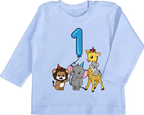 Baby Langarmshirt - 1. Geburtstag - Tiere mit Ballon Erster - 12/18 Monate - Babyblau - 1 Birthday Jahr erste one My First Jahre Geschenk zum Geschenke 1ste 1st erstes Year Old von Shirtracer