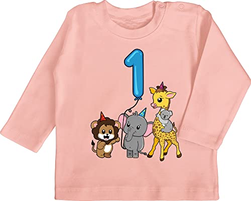 Baby Langarmshirt - 1. Geburtstag - Tiere mit Ballon Erster - 12/18 Monate - Babyrosa - geschenk 1 jahr my 1st birthday one geschenke gifts for year old kindergeburtstag gift 1er babygeschenk 1+ von Shirtracer