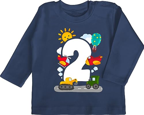 Baby Langarmshirt - 2. Geburtstag - Zwei - Aquarell Fahrzeuge - 18/24 Monate - Navy Blau - 2 Years Shirt Langarm Geburtstags Tshirt Jahre 2.Geburtstag geburtstagsshirt zweijährige Outfit zweiter von Shirtracer