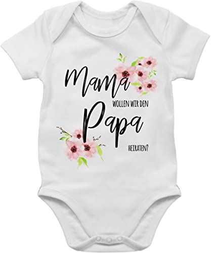 Shirtracer Baby Body Junge Mädchen - Event und Anlass Geschenke - Mama wollen wir den Papa heiraten Blumen - 6/12 Monate - Weiß - mit Aufschrift verlobung Babykleidung Antrag Strampler Spruch von Shirtracer