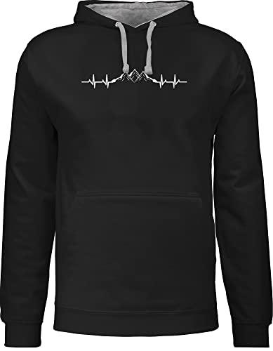 Pullover Herren Frauen Hoodie Kontrast zweifarbig - Skiurlaub Apres Ski - Berge Herzschlag - L - Schwarz/Grau meliert - Pulli Damen Berg valemtinstagsgeschenk Skifahrer Kapuzenpullover skioutfit von Shirtracer