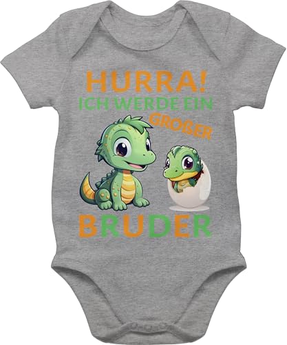 Baby Body Junge Mädchen - Hurra endlich großer Bruder Dinos I Dino Geschenk Dinosaurier Brüder - 12/18 Monate - Grau meliert - bald grosser big brother bruder" werde strampler von Shirtracer