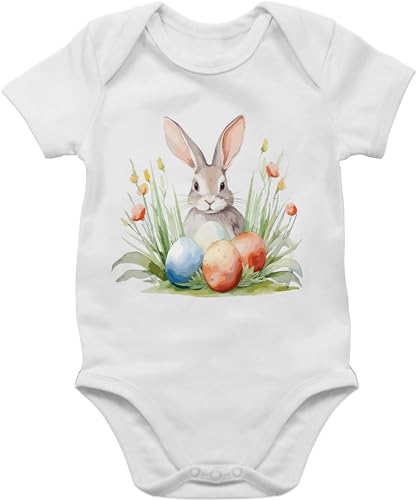 Baby Body Junge Mädchen - Ostergeschenke Ostern - Hase mit Ostereiern - 1/3 Monate - Weiß - frohe outfit 2023 2024 osterhasen hasen besondere kleinigkeit zu osterkleidung ostermotiv geschenk von Shirtracer