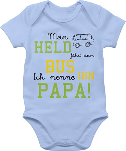 Shirtracer Baby Body Junge Mädchen - Sprüche - Mein Held fährt Bus - 1/3 Monate - Babyblau - babymode witzig spruch papa bodys strampler mit lustigen sprüchen spruche vatertag babysachen babygeschenk von Shirtracer