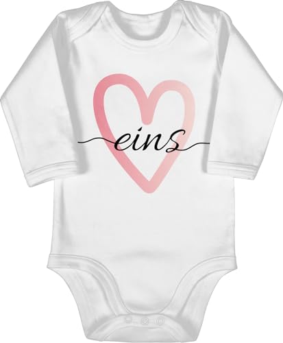 Baby Body langarm Mädchen Junge - 1. Geburtstag - Geburtstagsherz eins - rosa - 12/18 Monate - Weiß - outfit happy birthday bodys one sachen für neugeborene ich bin 1 strampler oberteil year von Shirtracer