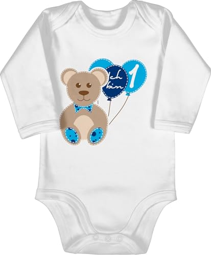 Shirtracer Baby Body langarm Mädchen - 1. Geburtstag - Ich bin eins Junge Bär Luftballons Erster - 6/12 Monate - Weiß - 1 jährige klamotten happy birthday bodys one einjährige 1.geburtstag babybody von Shirtracer