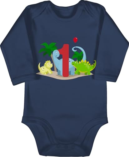 Shirtracer Baby Body langarm Mädchen Junge - 1. Geburtstag - Dino Eins - 12/18 Monate - Navy Blau - 1 outfit happy birthday bodys one einjährige strampler year 1geburtstag langarmbody geburtstags von Shirtracer