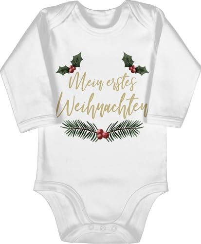 Baby Body langarm Mädchen Junge - Geschenke Christmas - Mein erstes Weihnachten - Wasserfarben - Zweige - 6/12 Monate - Weiß - weihnachtsstrampler weihnachtsmotiv first strampler weihnacht my von Shirtracer