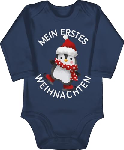 Baby Body langarm Mädchen Junge - Geschenke Christmas - Mein erstes Weihnachten mit Pinguin - weiß - 12/18 Monate - Navy Blau - weihnachtsstrampler weihnachtsmotiv first xmas strampler weihnacht von Shirtracer