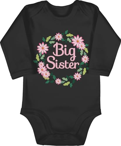 Baby Body langarm Mädchen Junge - Große Schwester - Big Sister mit Blumenkranz - 12/18 Monate - Schwarz - schwestern grosse bodys geschenkideen+für+geschwister eine strampler von Shirtracer