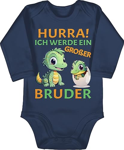 Shirtracer Baby Body langarm Mädchen Junge - Hurra endlich großer Bruder Dinos I Dino Geschenk Dinosaurier Brüder - 12/18 Monate - Navy Blau - brother werde strampler big bro bald grosser babybody von Shirtracer