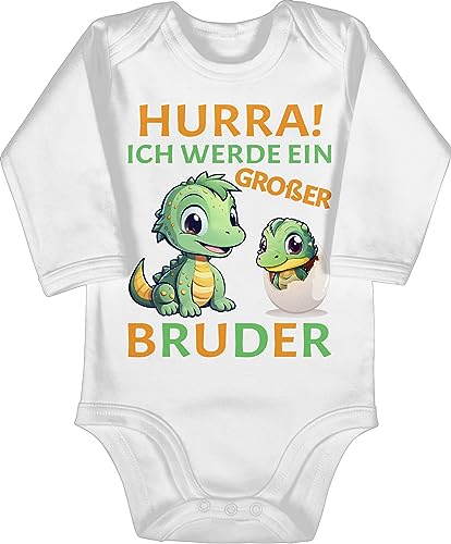 Shirtracer Baby Body langarm Mädchen Junge - Hurra endlich großer Bruder Dinos I Dino Geschenk Dinosaurier Brüder - 12/18 Monate - Weiß - brother werde strampler big bro bald grosser babybody bruder von Shirtracer